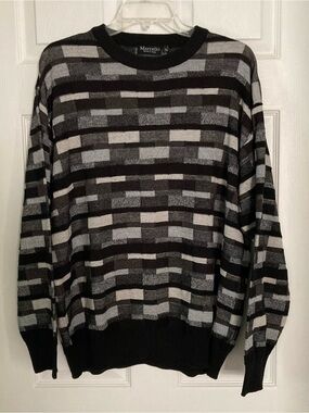 Vintage Marcello Made in Italy Men's Black & Gray Geometric Pattern Knit Sweater